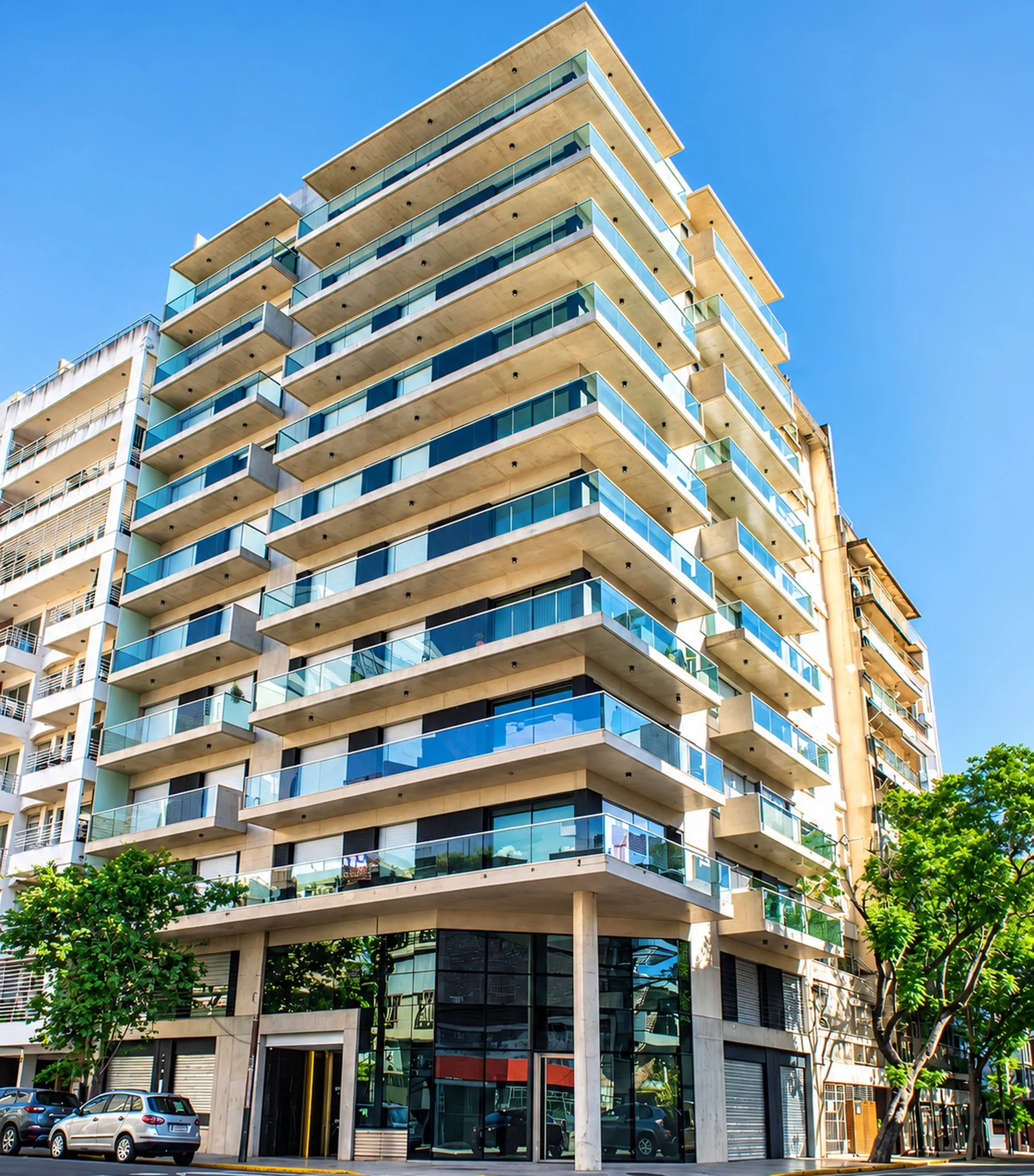 Edificio con balcones de vidrio y aluminio, obra con aberturas de alta gama estilo Cristalmad